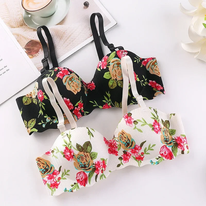 Explosive French Simple British Bra One Piece Thick Cup Girls Gathering No Steel Rings Women's Underwear Push Up Floral Lingerie