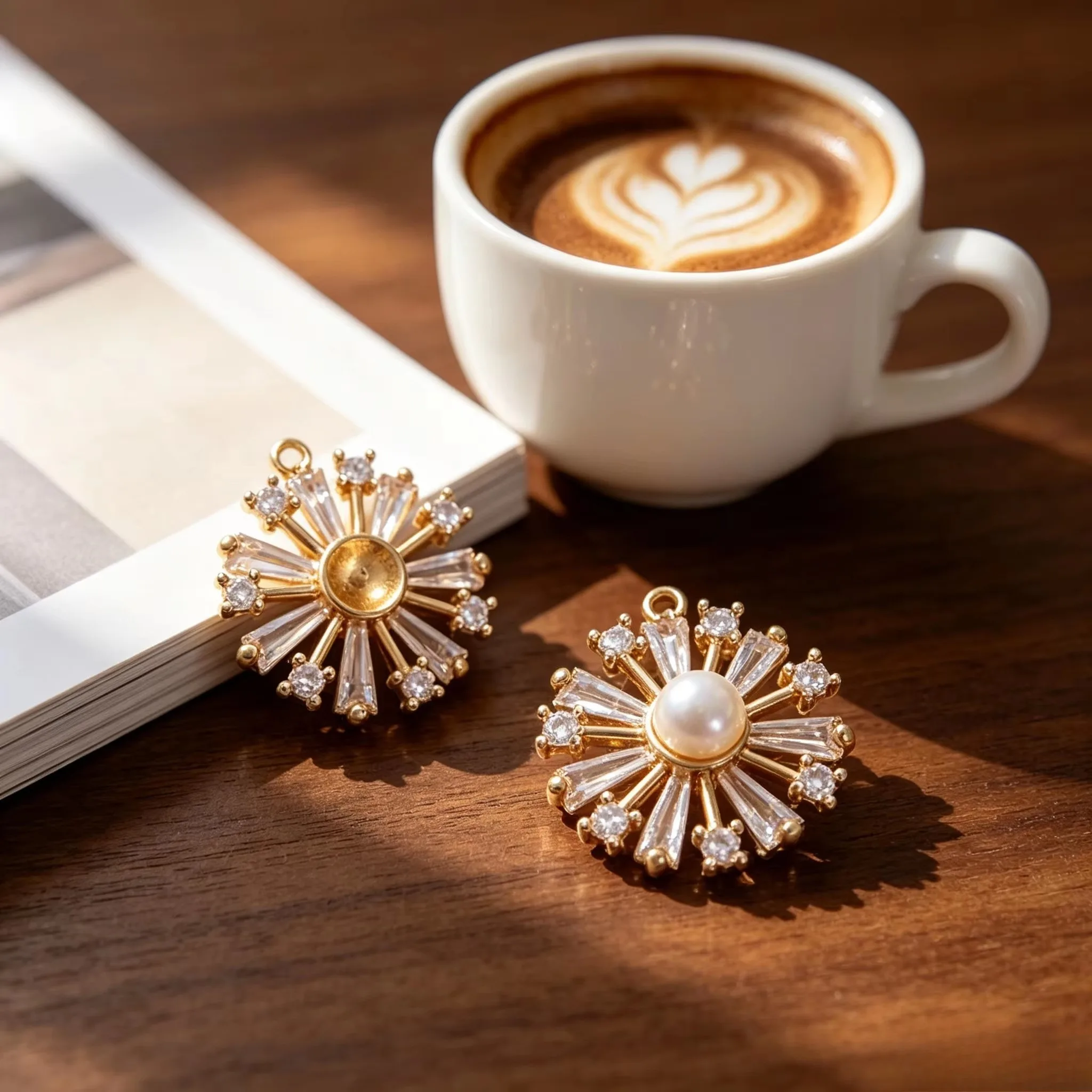 Shiny Zircon Snowflake Pearl Bezel Pendants 14K Gold Plated Brass For DIY Winter Handmade Jewelry, No Pearls
