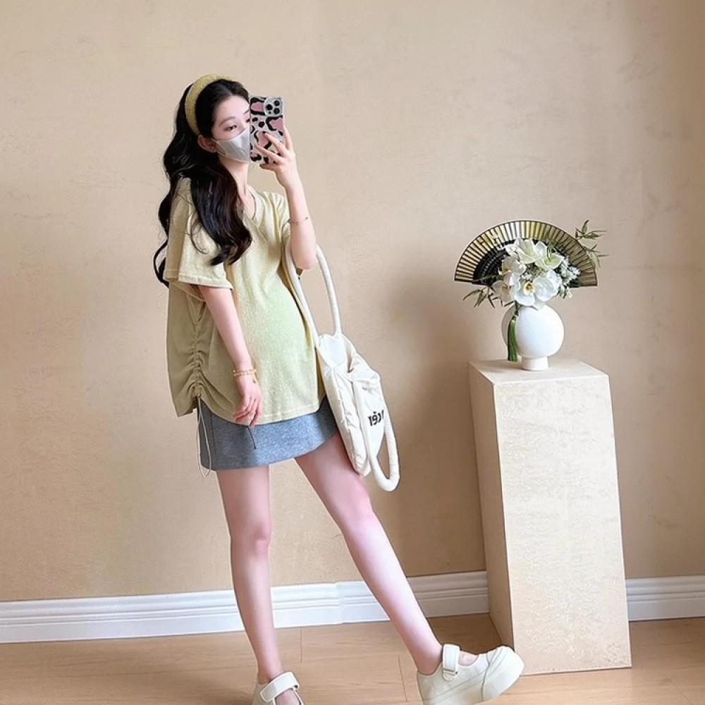 Maternity Summer Top V Neck Short Sleeve Loose Tee Adjustable Drawstring Casual Pregnancy Clothing Breathable Shirt