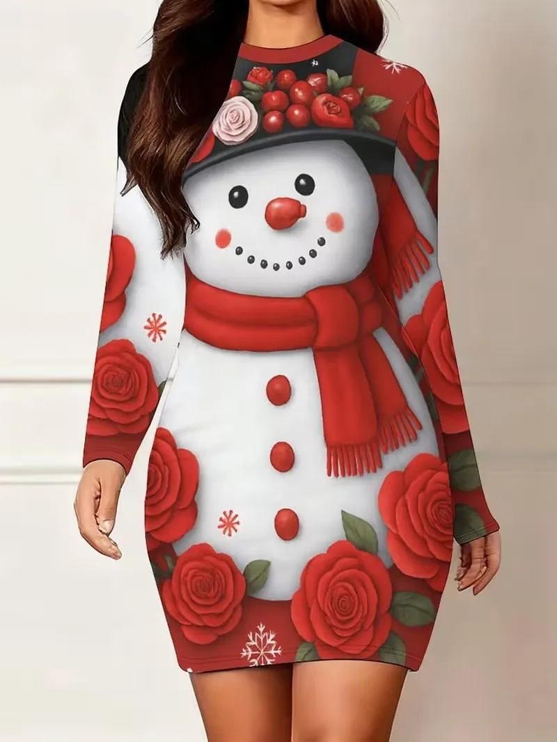 Lady tight fitting dress 3D Christmas elements fun Christmas snowman print dress autumn long sleeved round neck slim mini dress