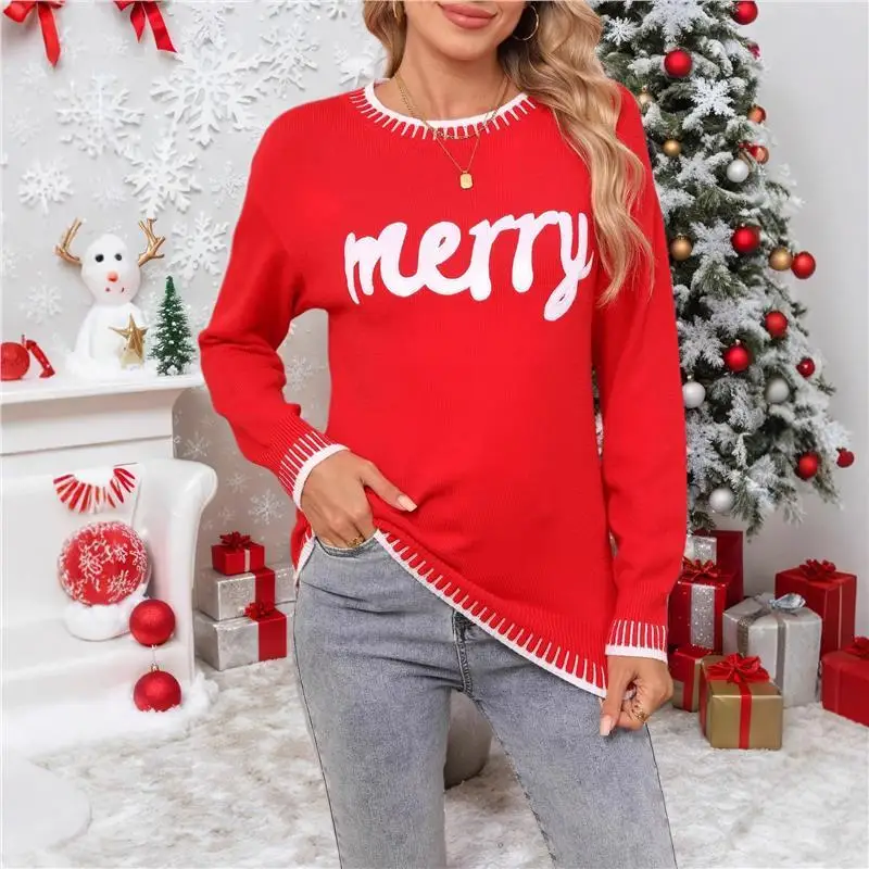

Autumn Winter Knitted Sweater Letter Print Long Sve round Ne Pullover Women's Top Cisas Theme Faion Commute Sle