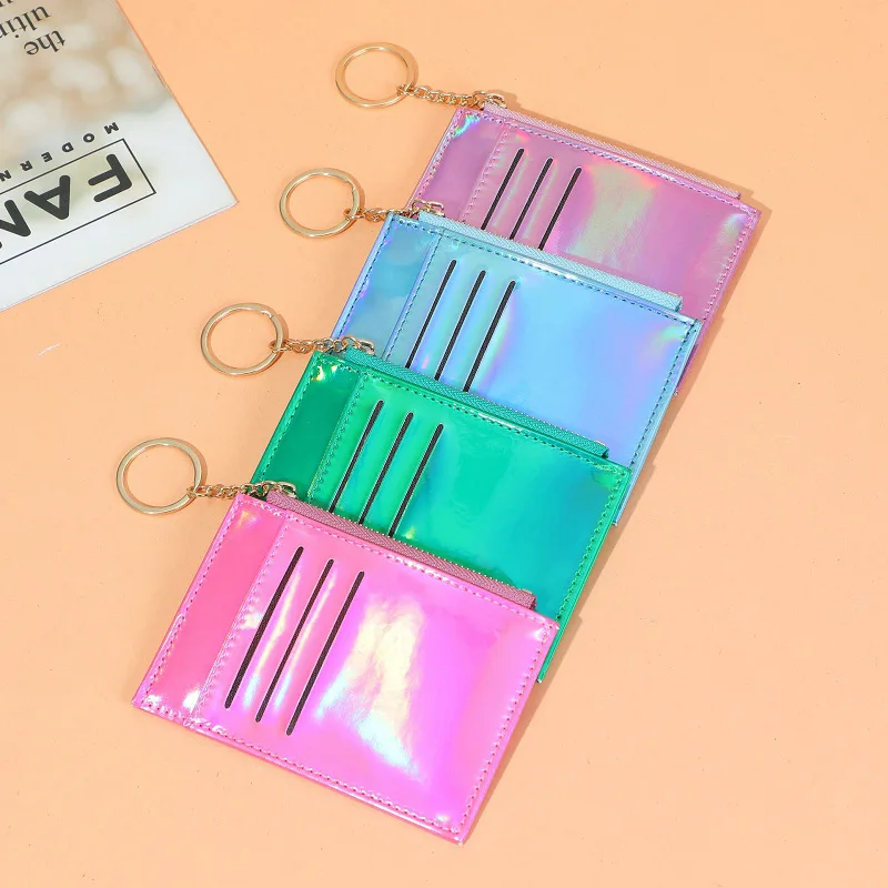 PU Leather Credit Card Bag Purse With Keychain Fashion Mini Colorful Laser Color Zipper Pocket Coin Cash Bus Card Organizer