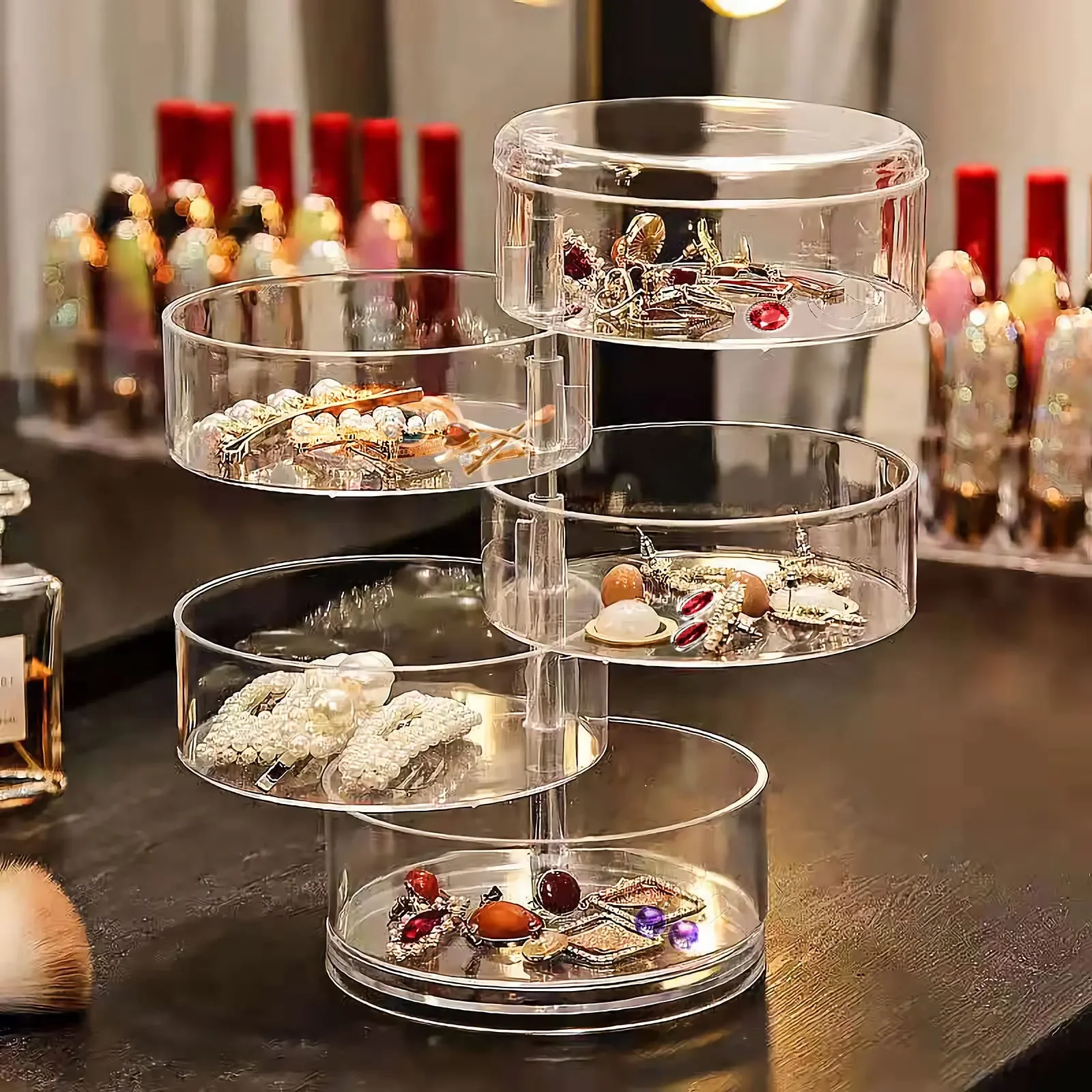 Nice 3/4/5 Layer Transparent Rotating Jewelry Storage Box For Women Makeup Storage Rack Bracelet Earring Organizer Boxes Display