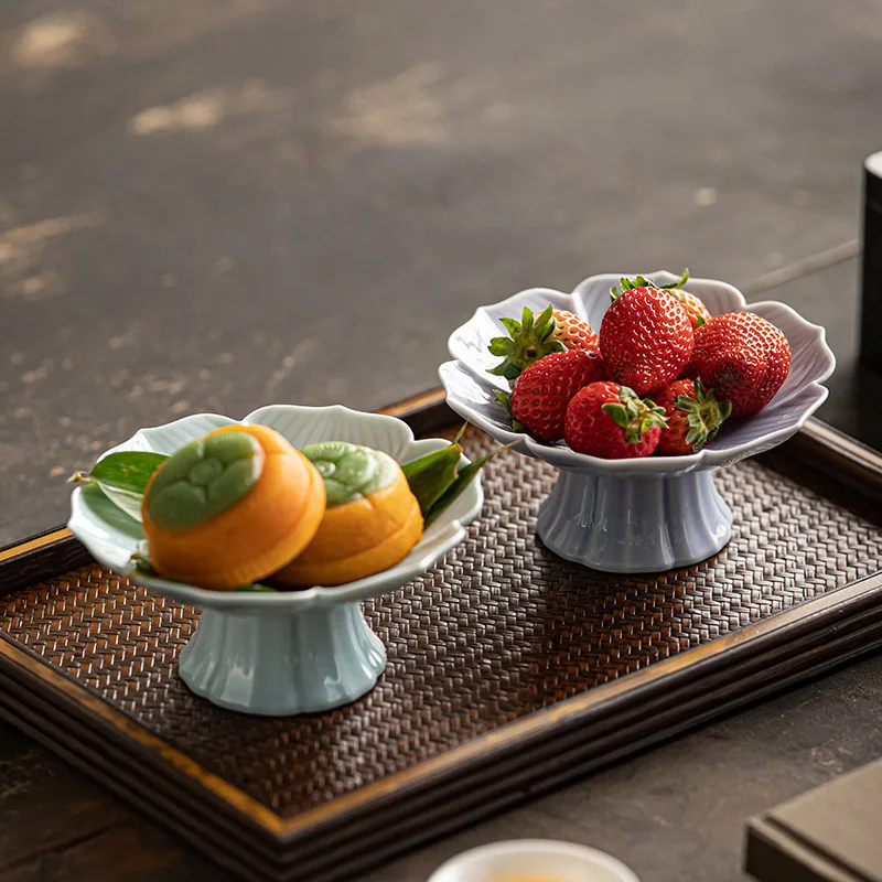 Chinese Ceramic Tea Tray Engagement Cakes Table Dim Sum Pastry Snack Plate High Foot Small Plate Household Tea Set Ornaments