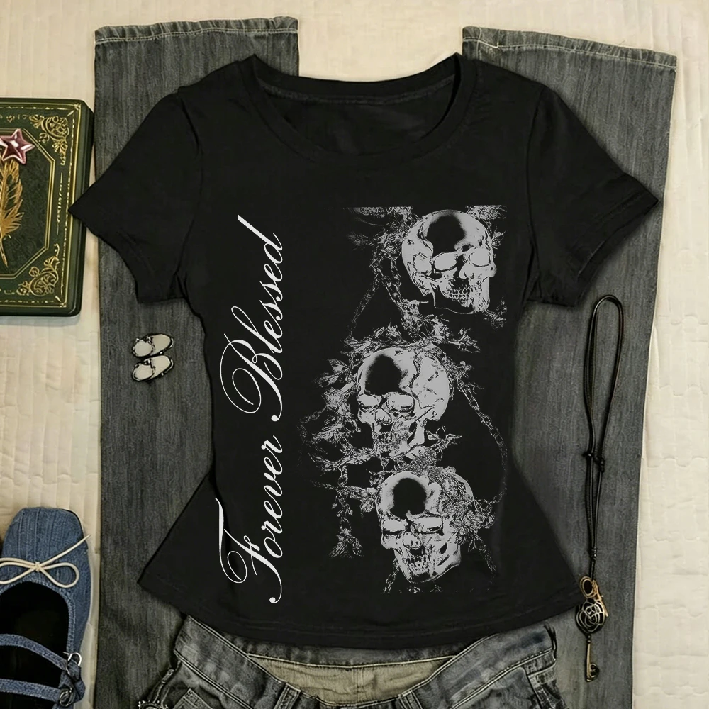 2000s Kawaii Aesthetic Streetwear Print Tees Top Gothic Punk Printing Slim Tees Tops Vintage Harajuku Fairy Print Women Tops Fit