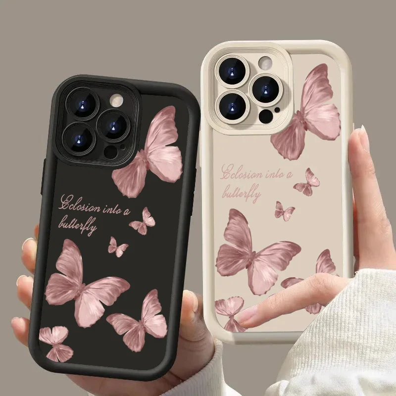 Retro Butterfly Silicone Phone Case For iPhone 16 15 14 Pro Max Plus 11 12 13 Pro XS 7 8 Plus SE 2 X XR Shockproof Full Cover