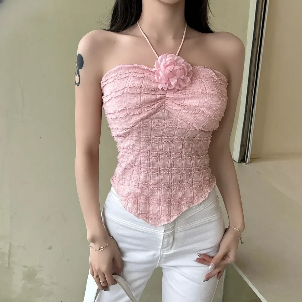 Haut à bretelles sans manches pour femmes, Camisole, Design de fleurs douces, col à volants, dos nu, doux et épicé, Streetwear pour filles