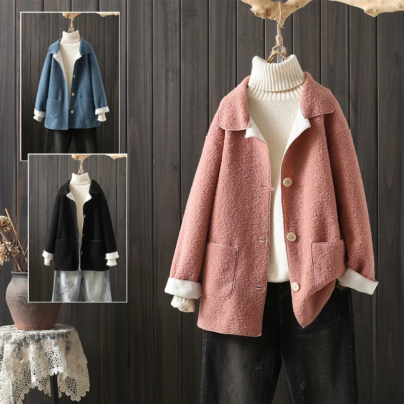 plus Size Women's Short Jacket Autumn Winter New Style Versatile Youthful Lamb Fur Pocket Slimming Outerwear  Collar Butt...