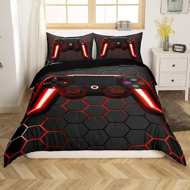 Gaming Duvet Cover Set King Red Honeycomb Printed Bedding Set Polyester Game Red And Black Novelty Gamepad Joysticks Quilt Cover