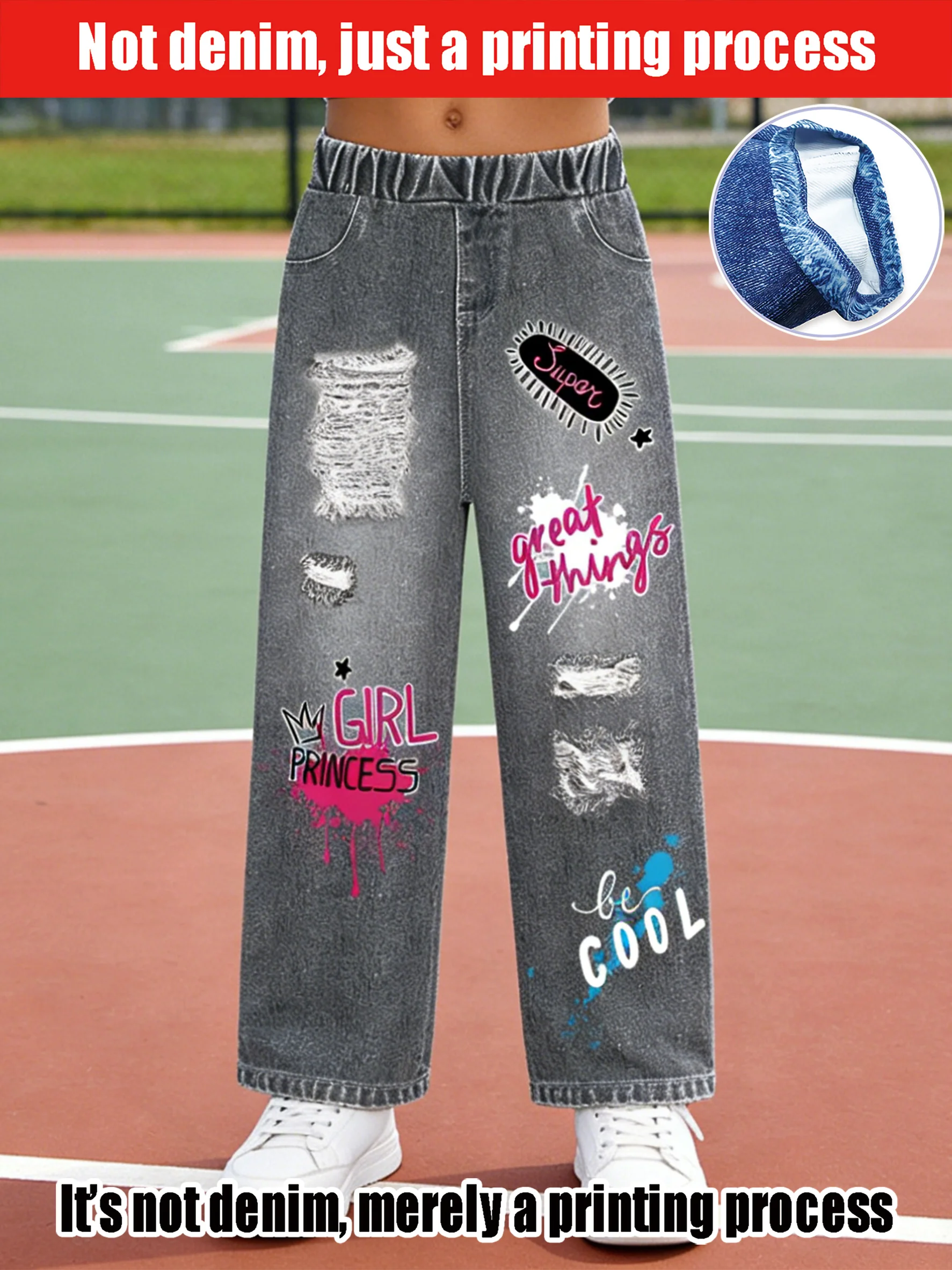 2026 children's gray imitation denim wide-leg pants, old and broken, sweet and cool girl style