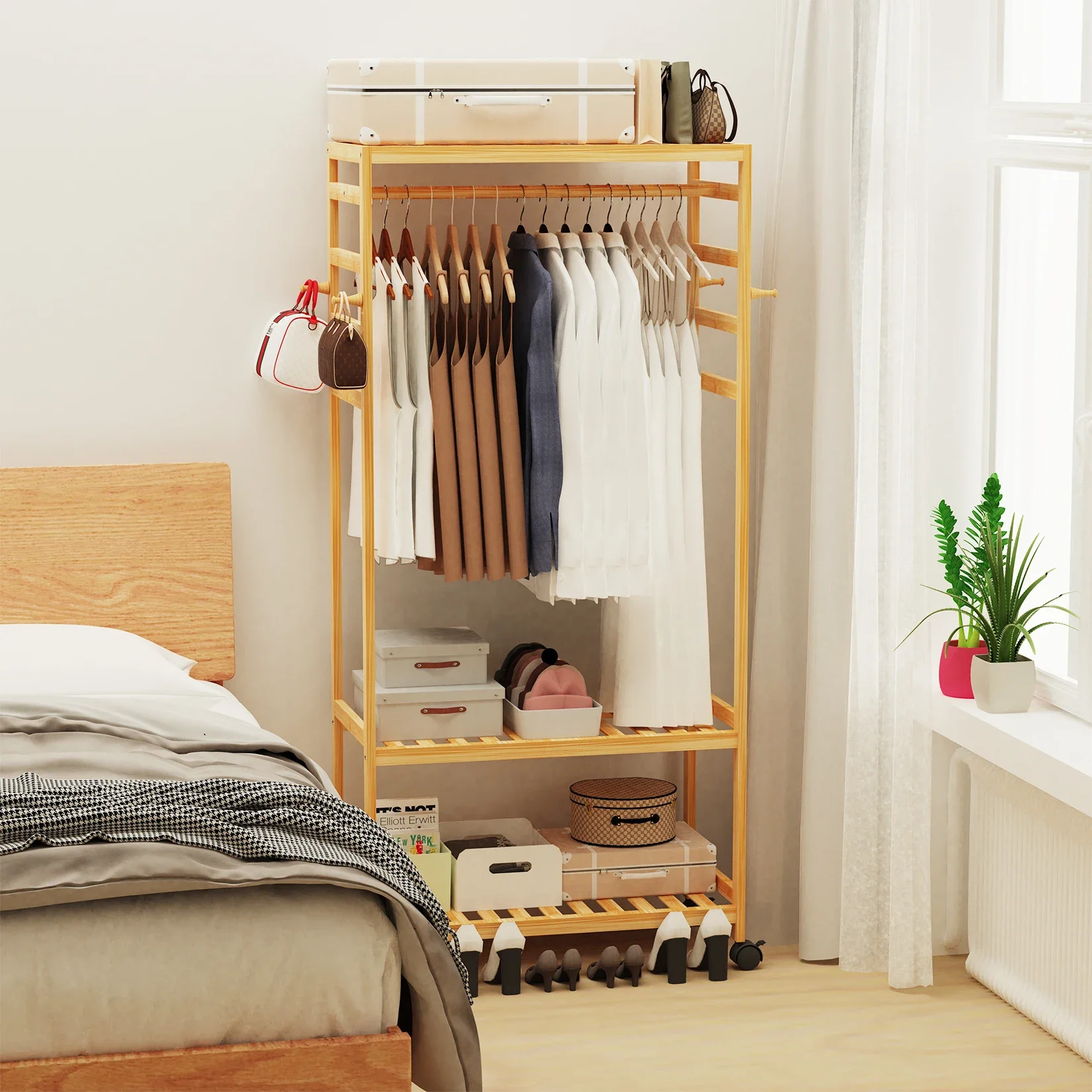 Side Hooks Corner Open Wardrobe Heavy Duty Wooden Clothes Rail Rack Scarf Cap Garment Hanging Stand