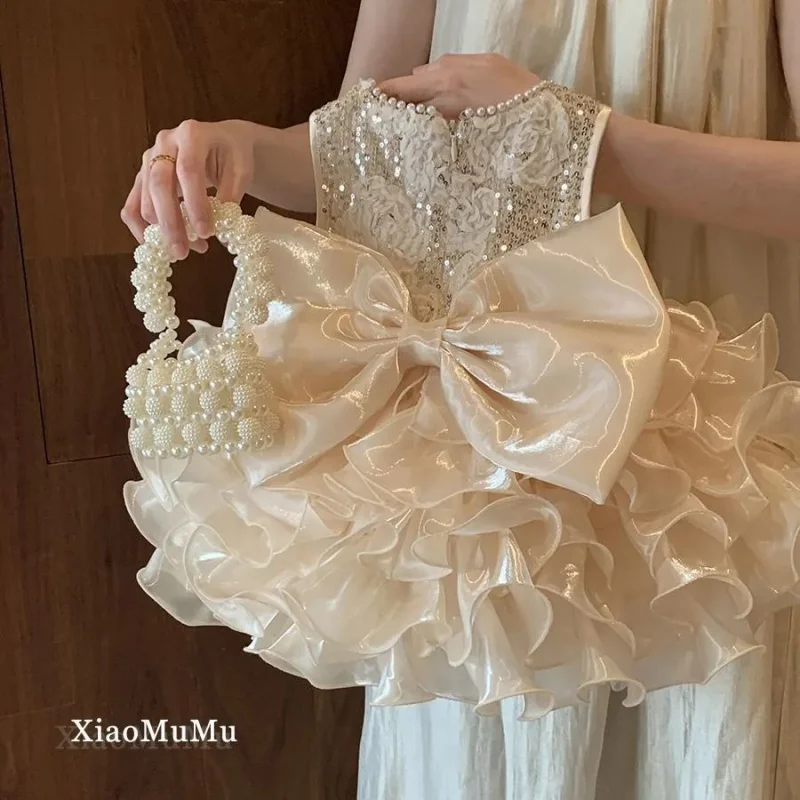 

Girls' Princess Dress 2025 New Summer Big Bow Puffy Dress Sequin Sleeveless Dress Baby Girl First Birthday Fashionable Dress