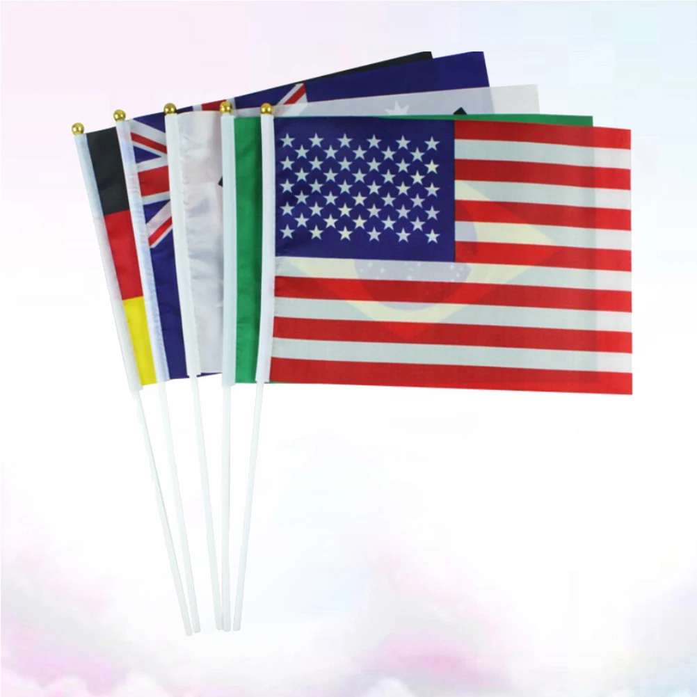 50pcs Handheld Mini National Flags On Stick Polyester Plastic Sticks Portable Lightweight Cheer Fan Party Garden