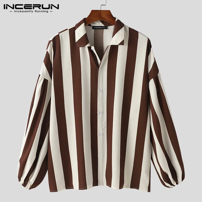 INCERUN Tops 2024 Korean Style Men Personality Vertical Striped Bishop Sleeve Shirts Casual Streetwear Long Sleeved Blouse S-5XL