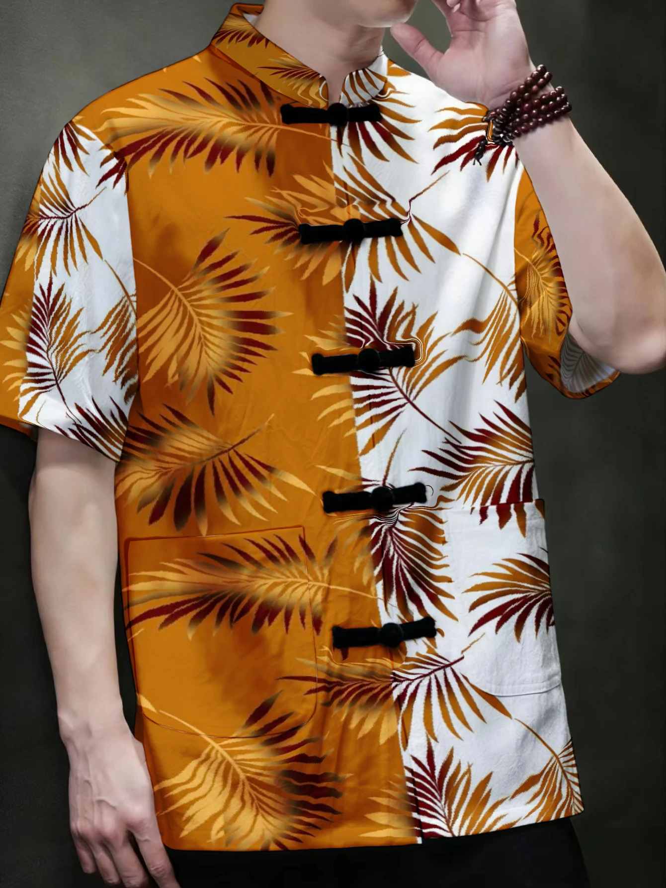 Men Mandarin Collar Frog Button Short Sleeve Shirt Tropical Palm Leaf Floral Print Oriental Casual Top With Dual Pockets