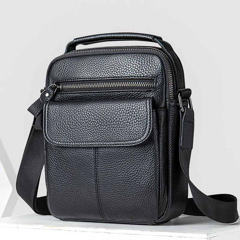Business genuine leather shoulder bag, top layer of cowhide, crossbody, medium-sized, with lychee pattern, men's bag