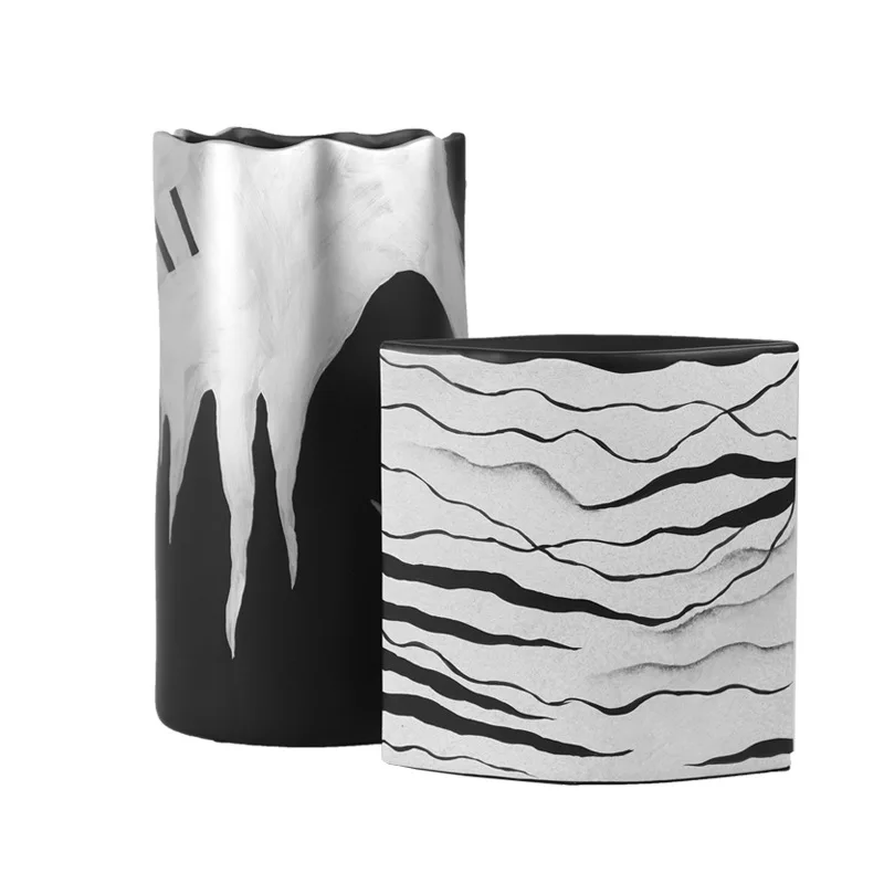 

New Chinese ink black-and-white hand-painted resin landscape vase flower arrangement porch living room soft decoration