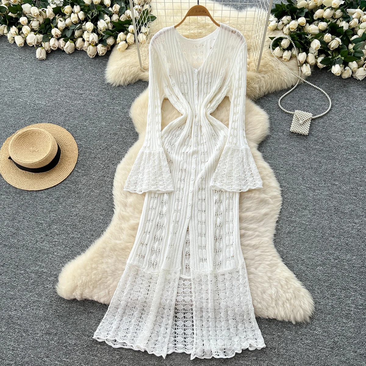 Cárdigan de manga acampanada calado de punto de estilo largo, cubierta de protección solar informal de moda, estilo ajustado para todas las estaciones