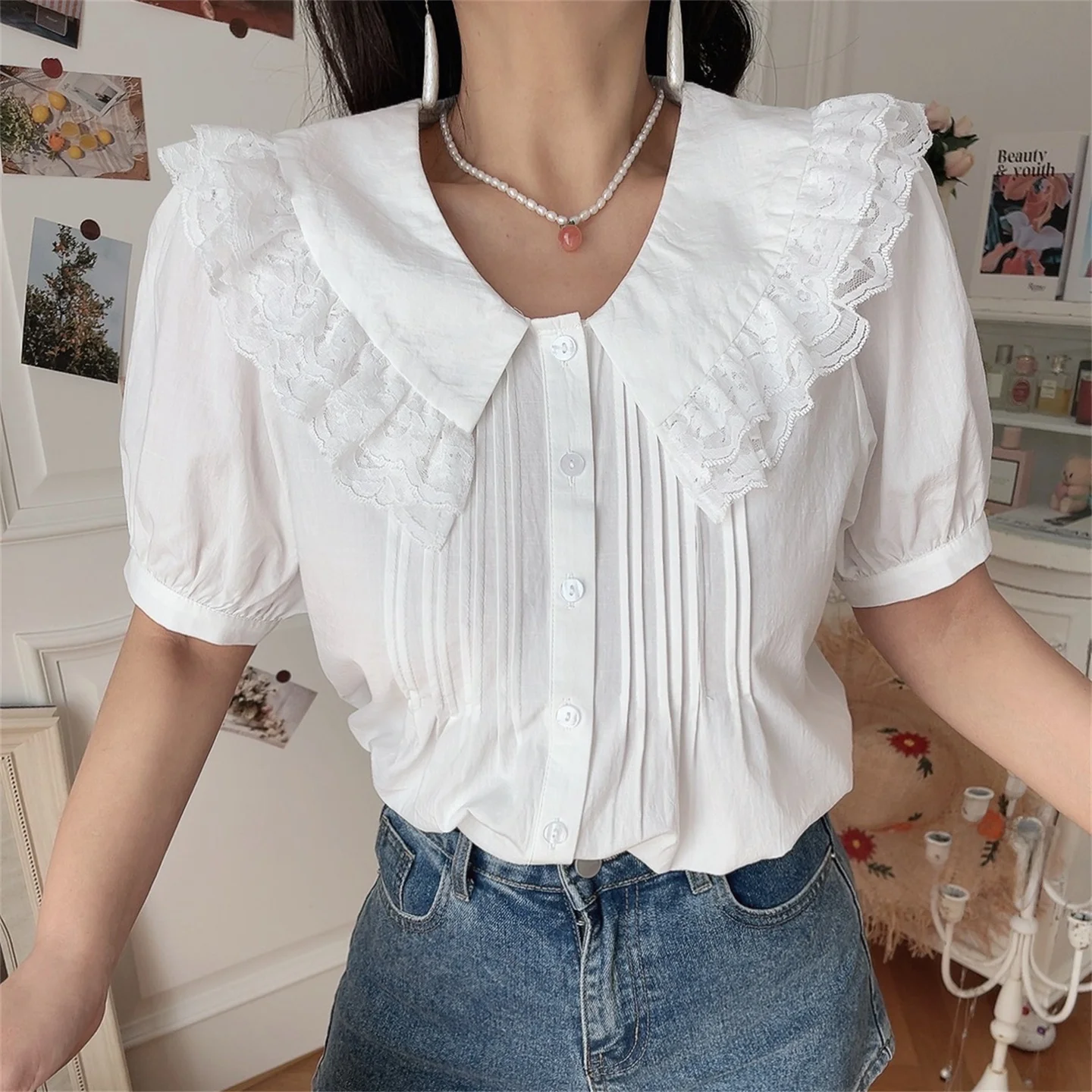 

Retro Lace Trim Short Sleeve Turn-down Collar White Shirt Spring Summer Women's Holiday Cotton French Style Slim Fit Shirt