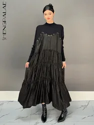 SHENGPALAE Spliced Beading Long Dresses Women Stand Collar Full Sleeve A Line Loose Patchwork New 2024 Female Dress 5C1605