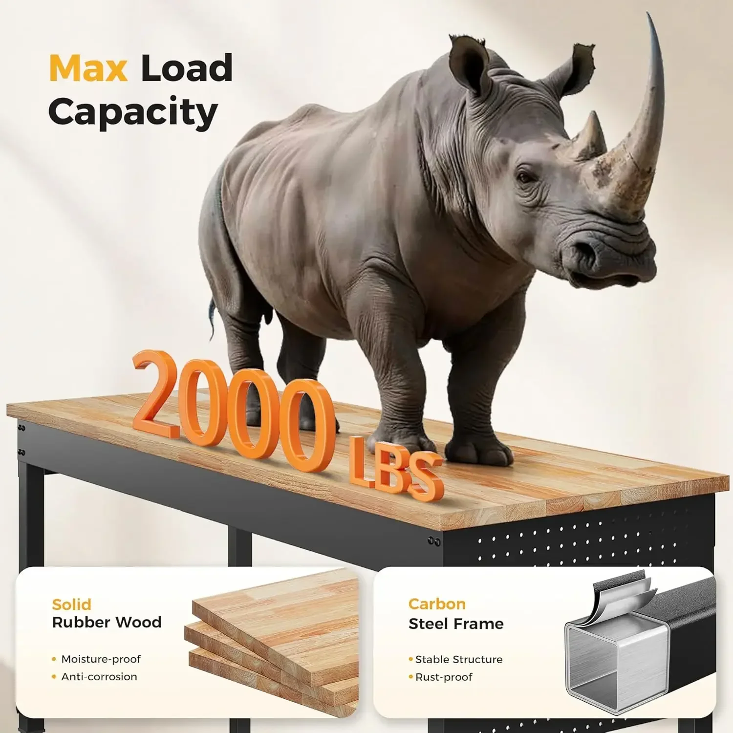 [Limited Time Offer, Clearance!]60" Adjustable Heavy Duty Workbench, 2000 LBS Load Capacity Rubber Wood Work Table with Pegboard