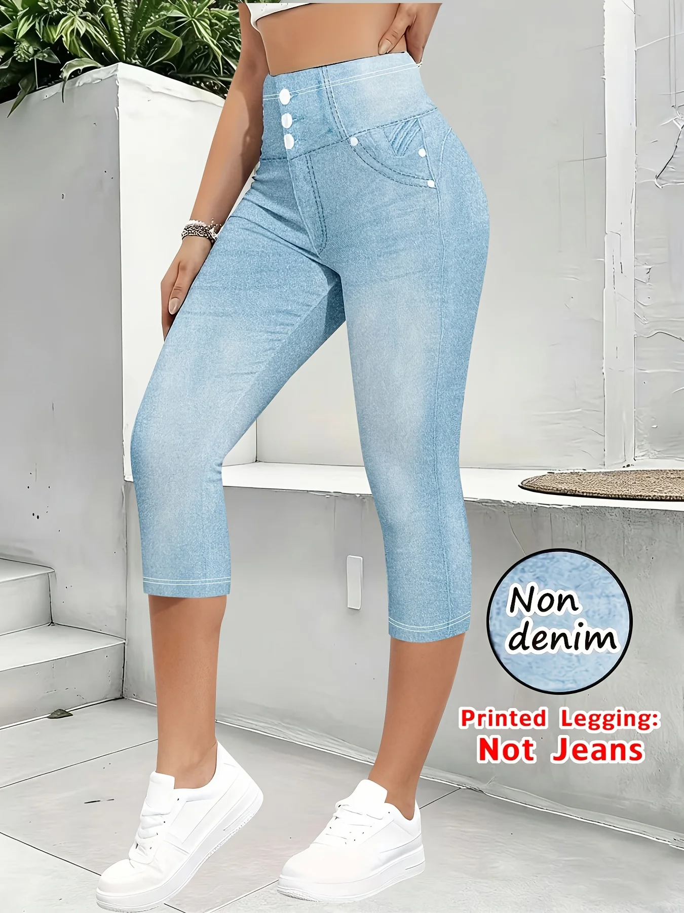 Women High Waist Button Decor Faux Denim Print Capri Leggings, Super Stretch Non‑Denim Skinny Butt‑Lifting Casual Summer Cropped