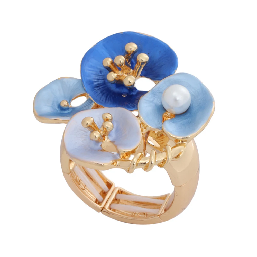 Fashion Blue Drip Oil Geometric Rings for Women Accessories Trendy Elastic Adjustable Wide Gold Color Ring Party Jewelry Gift