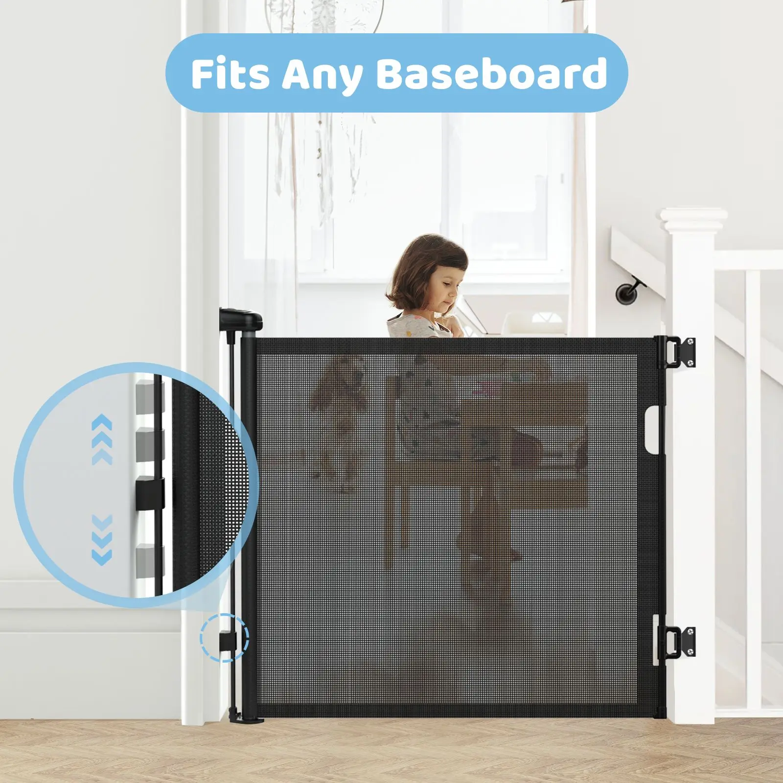 Porte rétractable en maille pour bébé/animal de compagnie, 33 pouces de haut, extensible à 55 pouces de large, porte de sécurité à verrouillage automatique pour portes/escalier/couleurs intérieures/extérieur
