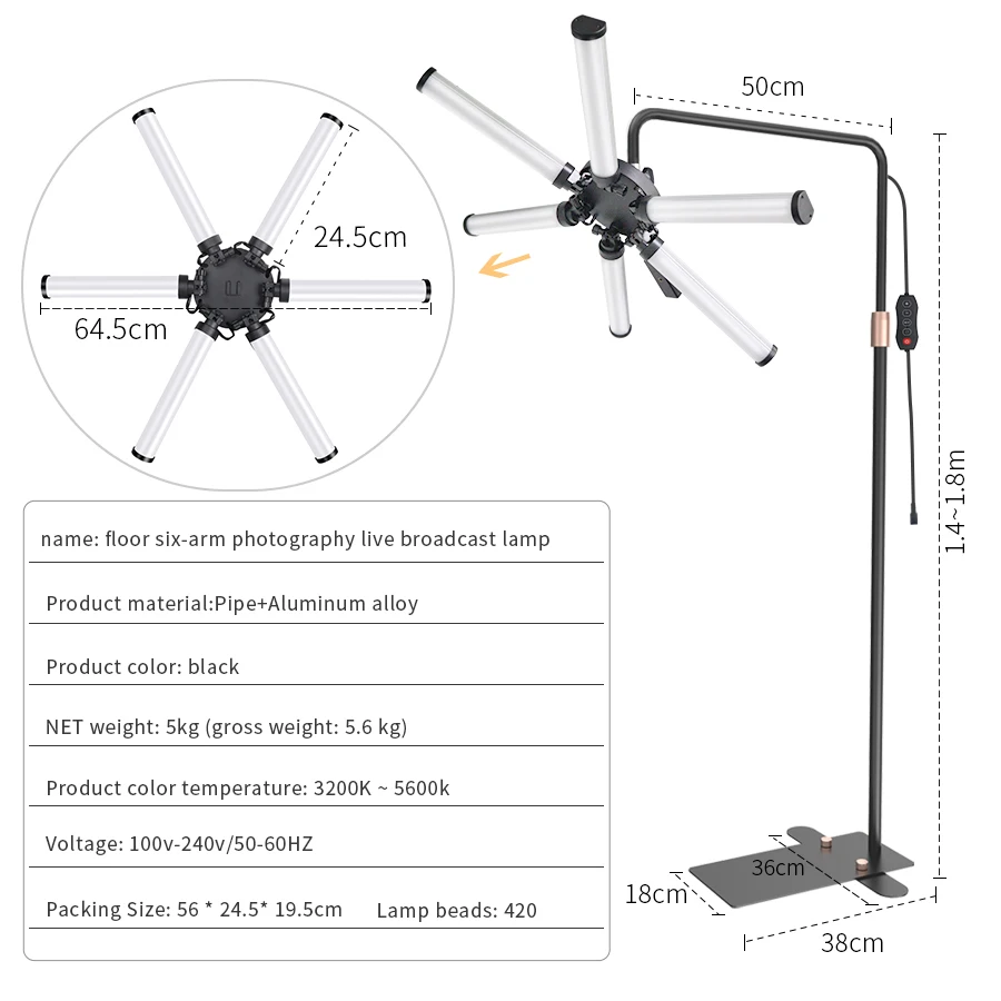 Professional Audio Video Photography Studio Lighting Floor Six Arms LED Lamp Fill Light