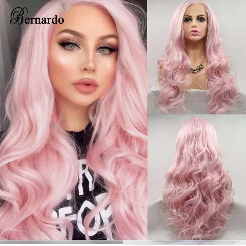 Bernardo-peluca sintética con frente de encaje sin pegamento para mujer, cuerpo rosa ondulado, con pelo de bebé, pelucas de pelo de fibra resistente al calor, uso diario