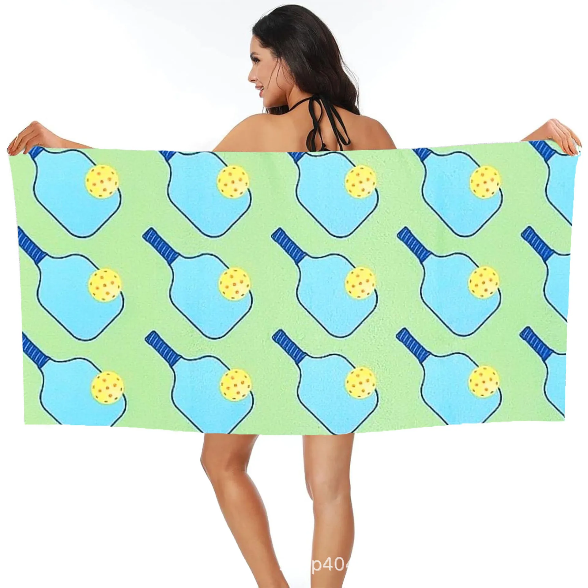 Light Green Pickleball Paddle Beach Towel, Cute Cartoon Print Lightweight Microfiber Towel for Kids