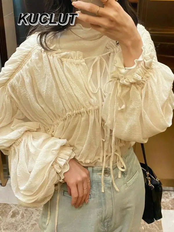 สาวเสื้อจีบสายรัดเชื้อรา Edge Stand-up COLLAR Bottoming เสื้อ 2 ชิ้นชุดแฟชั่นฤดูใบไม้ผลิฤดูใบไม้ร่วงผู้หญิงเสื้อ