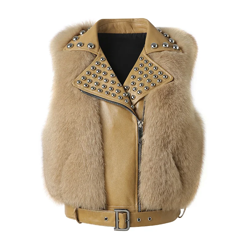 

2024 New Real Fox Fur Vest Top Quality Rivet Sleeveless Natural Fur Genuine Leather Gilet