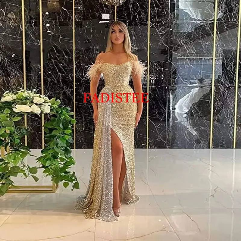 Vestido Largo con lentejuelas y plumas Para mujer, traje elegante con hombros descubiertos Para Fiesta De graduación, nuevo estilo