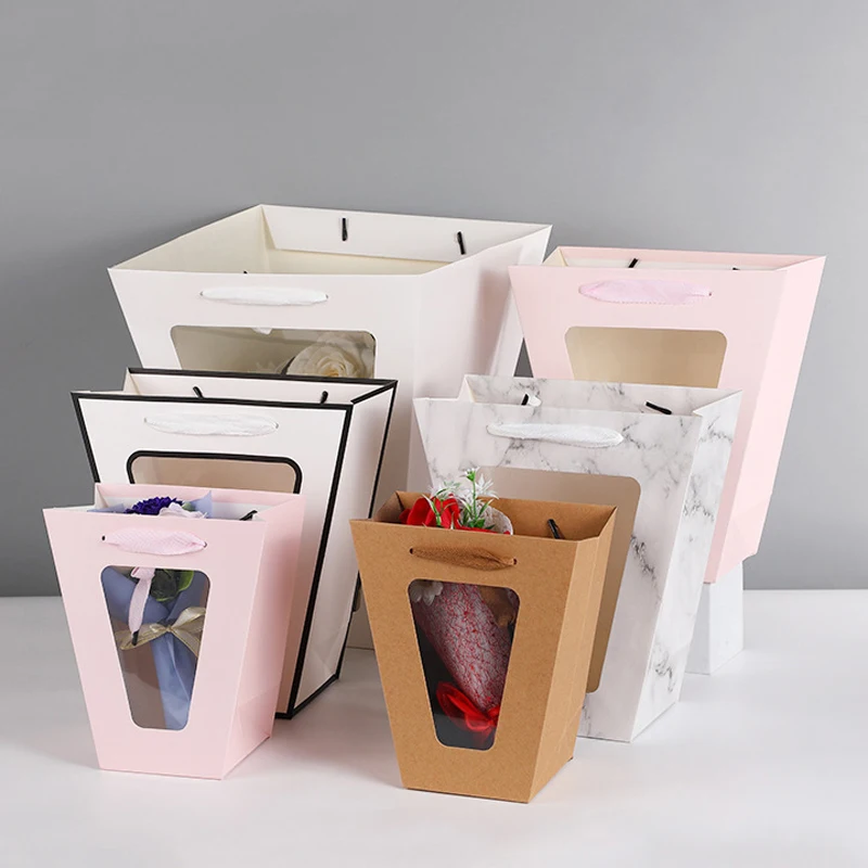 

10pcs Gift Bags With Transparent Window Flower Gifts Packaging Bag For Birthday Wedding Home Party Kraft Paper Shopping Handbag