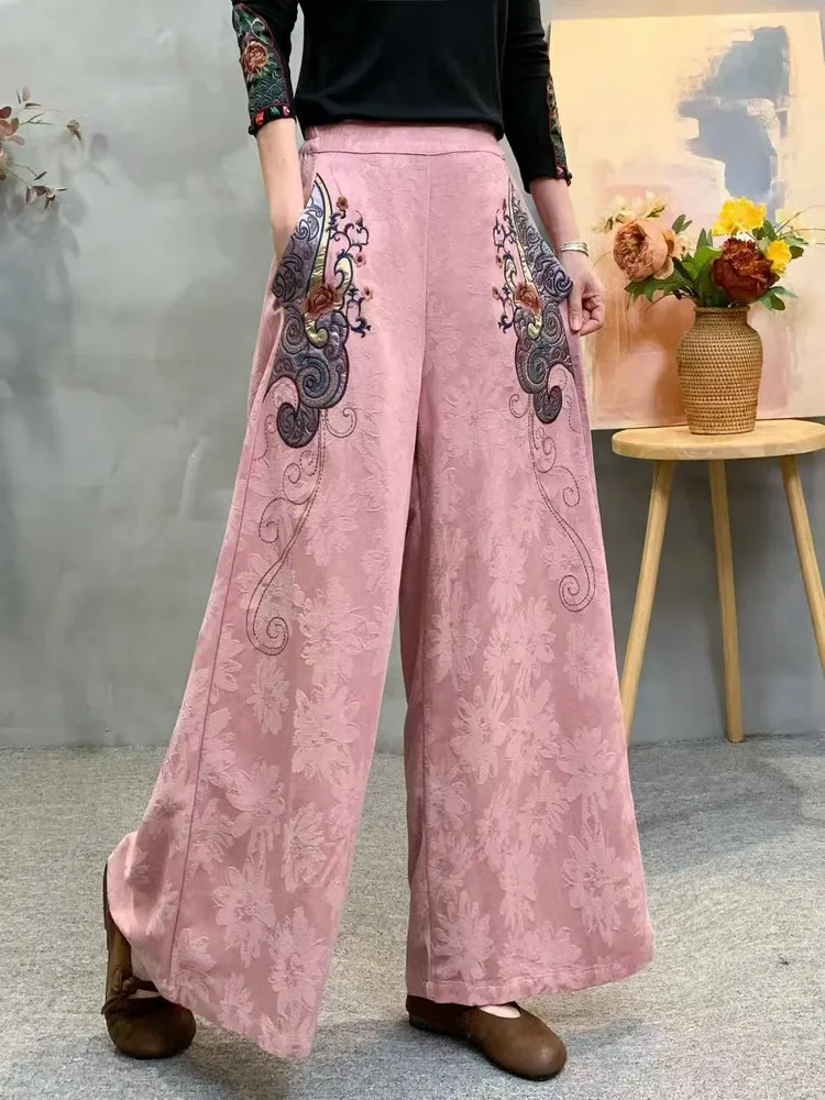 Ele Embroidered Wide Leg Pants Women's High Waist Cotton Floral Patterned Slimming Straight Cut Trousers Retro Sle