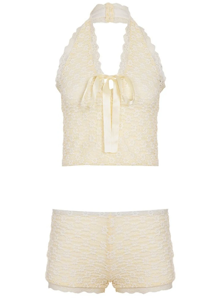 SsTss Słodki Komplet Dwuczęściowy z Koronkową Kokardą Damski Letni Seksowny Top typu Halter z Dekoltem w Serek Bez Rękawów z Odkrytymi Plecami i Szorty Seksowny Strój