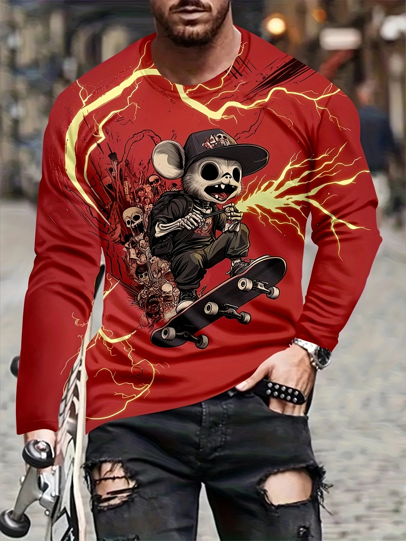 

Men's Plus Size 3D Print Long Sleeve T-Shirt - Casual & Sporty, Stretch Fabric, Machine Washable, Round Neck,