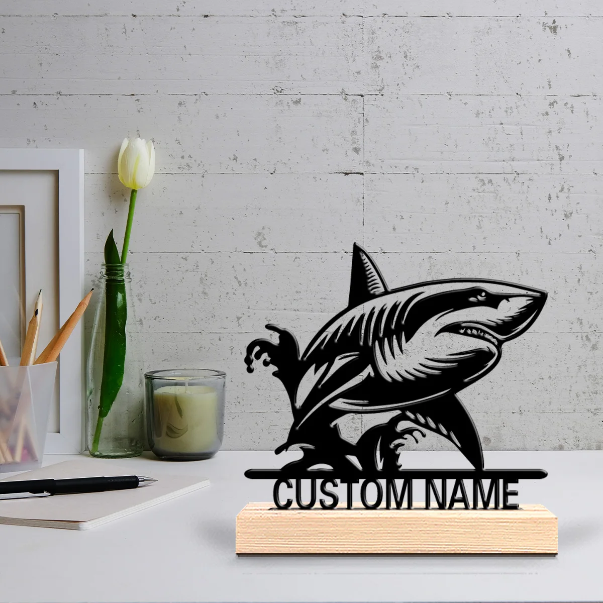 1pc Modern shark Custom Text Metal Statue Iron Ornament Art Figurine With Wood Base Tin Statue For Office Room Decor