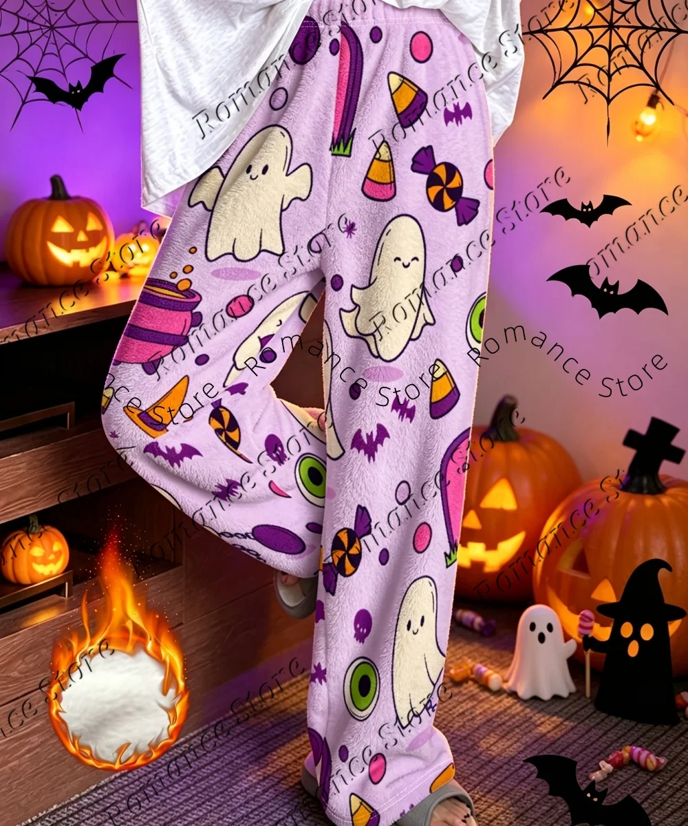 Soft Flannel Halloween Pants for Women Red Background Pumpkin Bat Print Loose Cozy Home Casual Holiday Party Loungewear Trousers