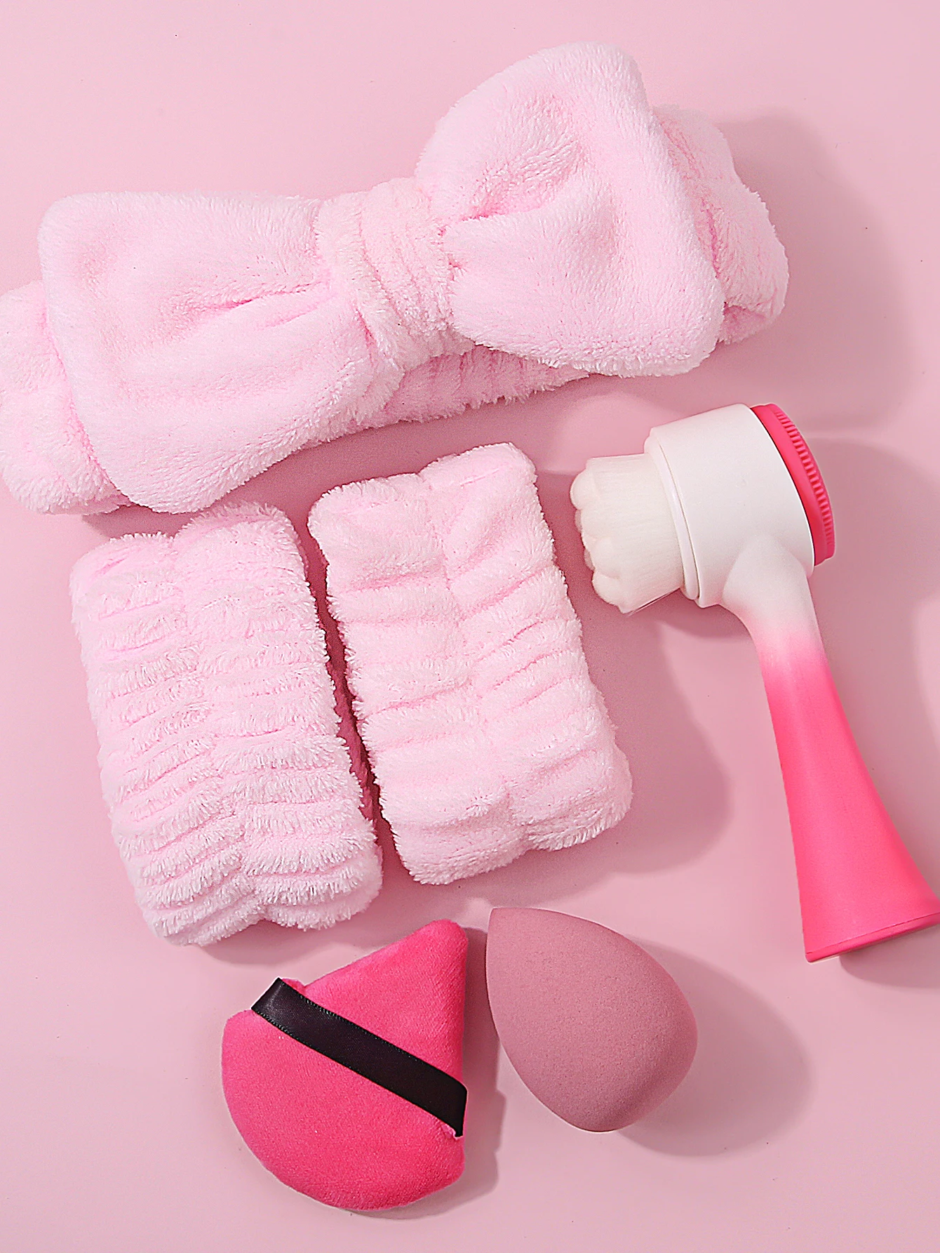 Diadema práctica con lazo, correa para la muñeca, cepillo de limpieza suave de doble cara, esponja de maquillaje portátil, juego de herramientas para polvos, 6 uds.