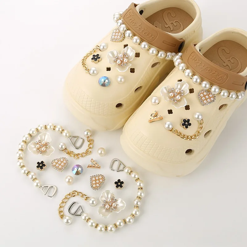 

14PCS Fashion Shoe Charms Set Accessories Hole Shoe Buckle Water Diamond Pearl Flower Pearl Chain DIY Shoes Decorations
