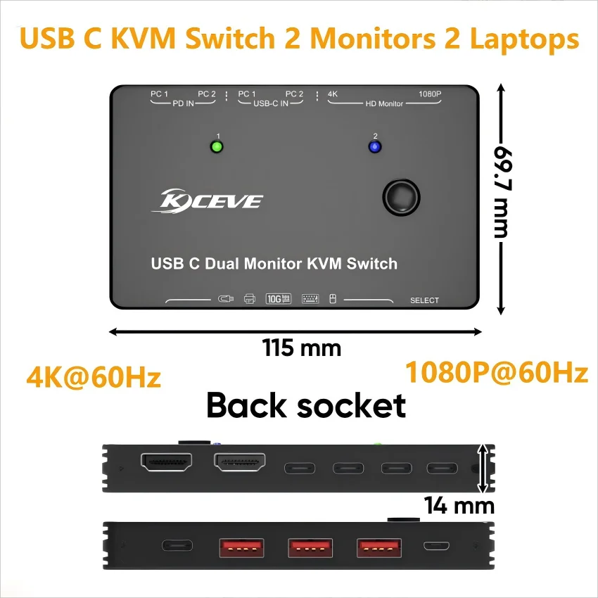 

KVM-переключатель USB C, 3/2 монитора, 2 ноутбука, 4K, 1080P при 60 Гц, док-станция USB-C, тройные/двойные KVM-переключатели с 4 портами USB