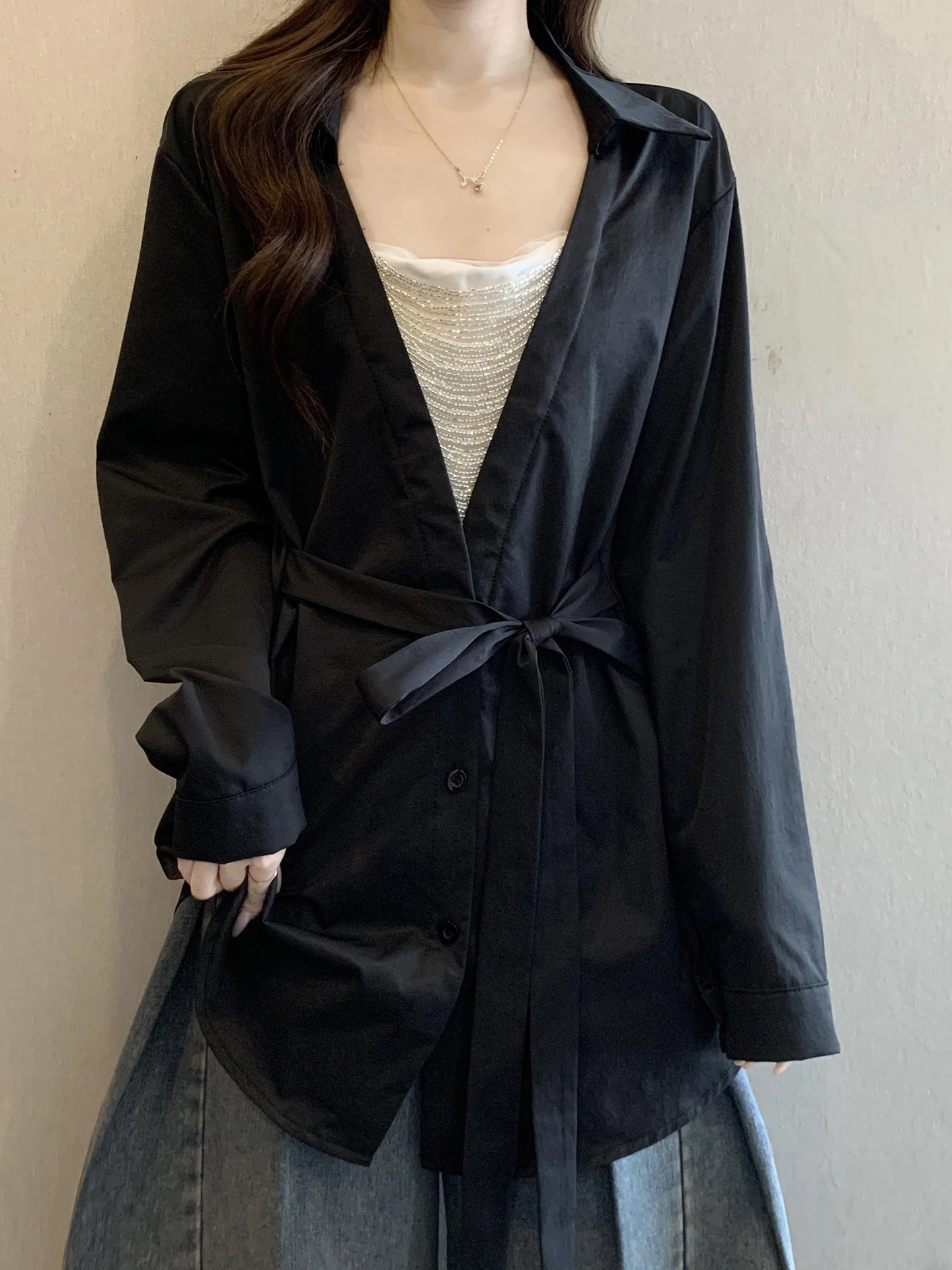 

Ele V-Ne Beaded Long Sve Slimming irt Women's plus Size Spring Faion Casual Loose Fit Korean Sle Top