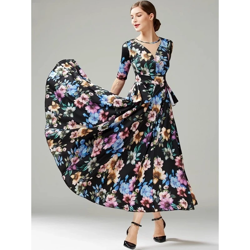 New Modern Dance Printed Dance Skirt National Standard Dance Social Dance Big Swing Dress Waltz Dance Skirt Female