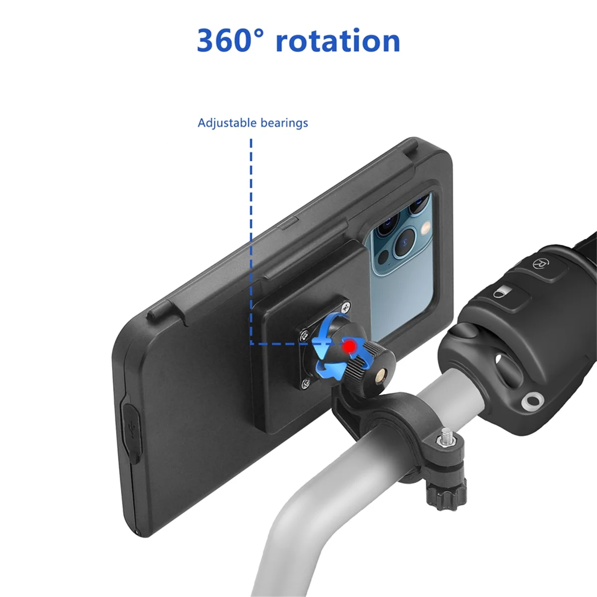 Motorcycle Phone Mount Waterproof, Bike Phone Mount with Handlebar Mount Base & Touch-Screen, 360 Rotation Phone Holder