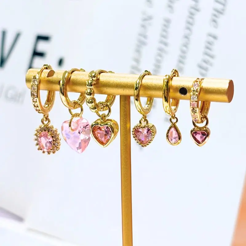 Luxurious geometry 925 sterling silver ear Needle pink series zircon pendant hoop earrings sweet fashion wedding jewelry gifts