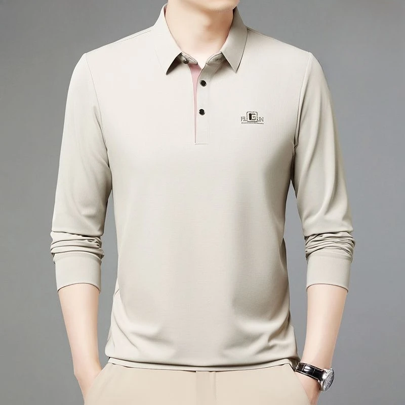 Men's Business Casual Long Sleeve Polo Shirt Breathable Solid Color Work Office Top