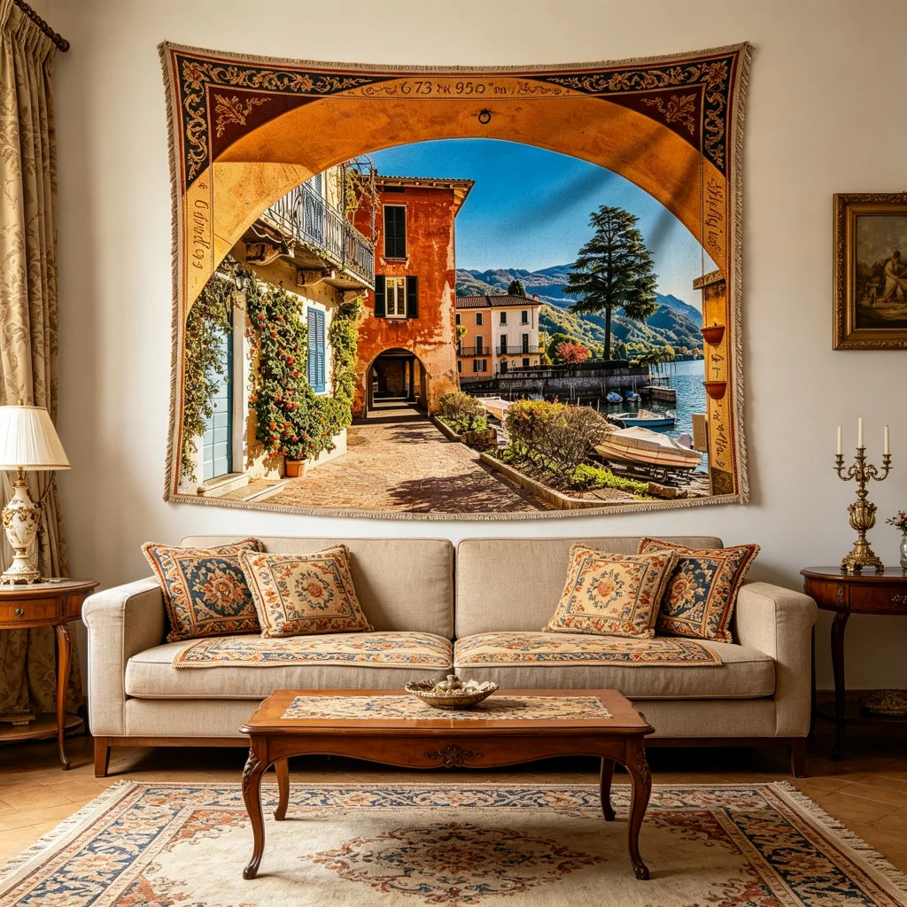 1PC Italian Lake Town View Art Print Backdrop Banner, Bedroom Living Room Photo Background, Polyester, Home Decor, Wall Art