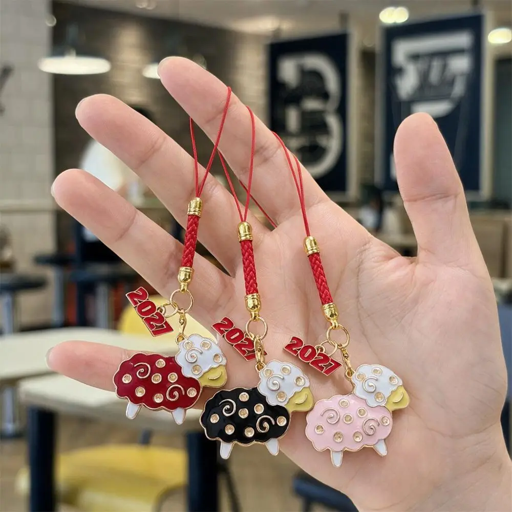 Durable Cartoon Zodiac Sheep Keychain Baked Finish Metal 2027 Sheep Year Cell Phone Lanyard Mini Red Lanyard Sheep Pendant Gift